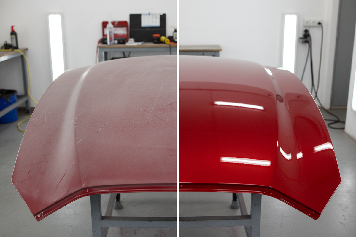 Avant et après peinture professionnelle de capot automobile